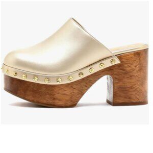 Light Gold Round Toe Studded Platform Mules Slip on Cork Chunky High Heel Sandal